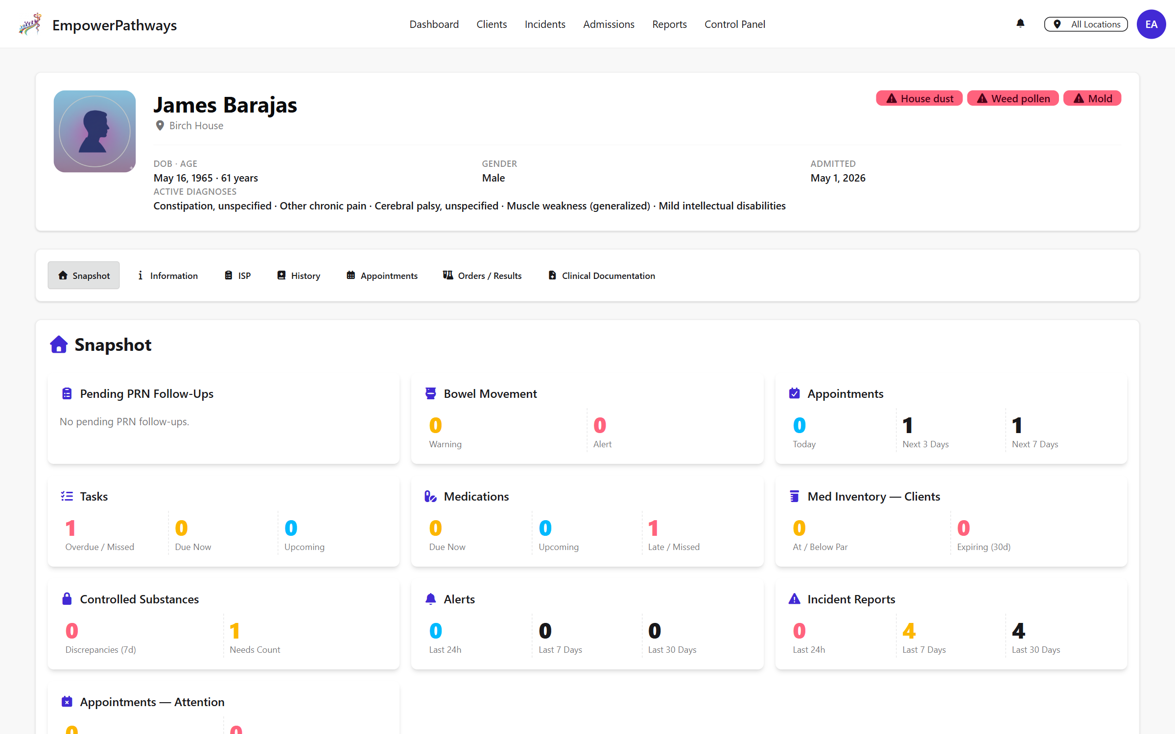 Client chart with demographics, diagnoses, allergies, and active orders